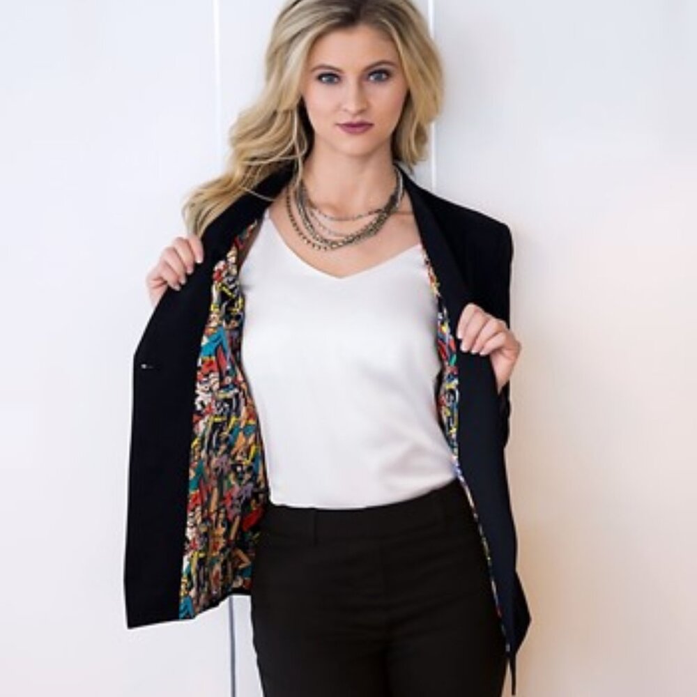 *SOLD* Black Blazer & Pencil Skirt  w/ Fun Women Superheros of DC Comics Lining